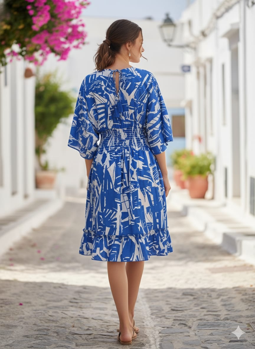 Blue & White Abstract Print 100%Cotton Midi Dresses - V-Neck Smocked Waist Summer Outfit