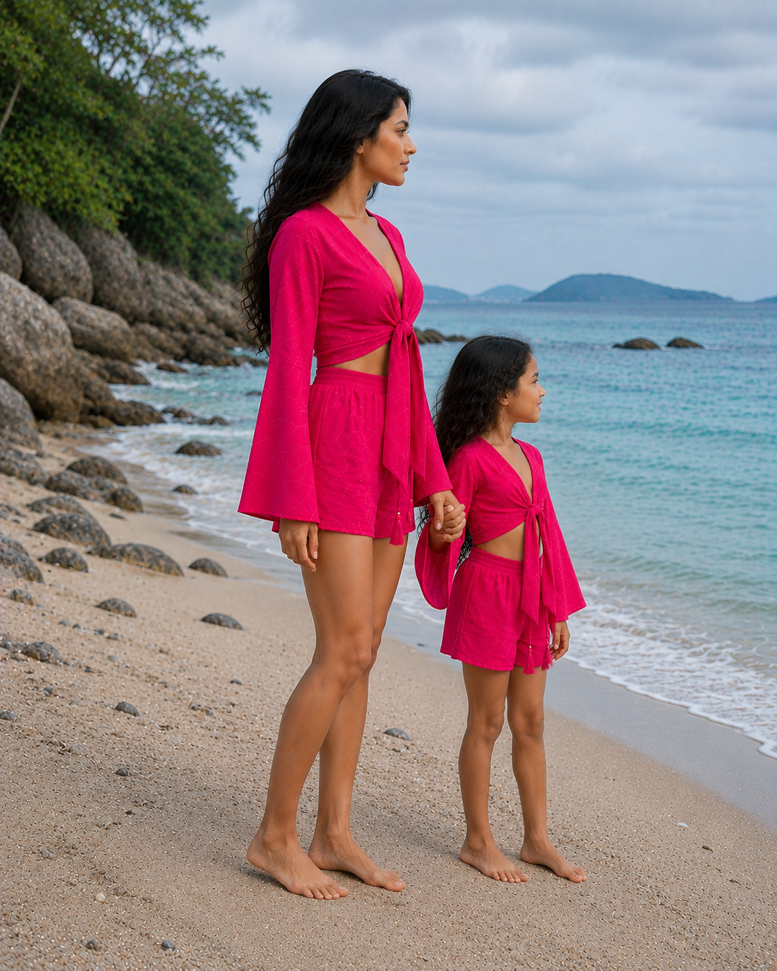 Mom & Daughter Pink Cotton Beach Wear Set with Bell Sleeve Tie-Up Top & Tassel Shorts