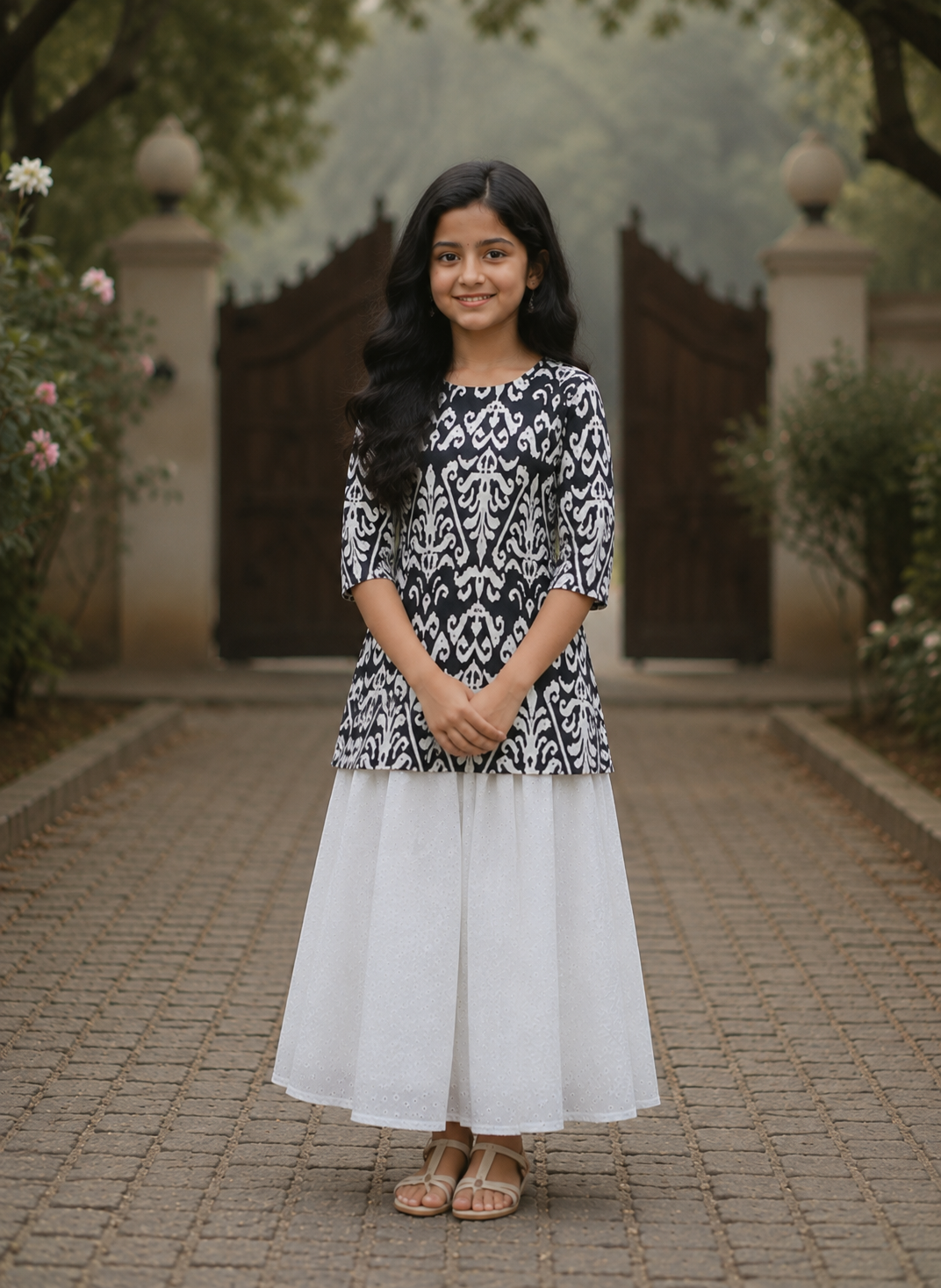 Girl's Black & White Traditional Printed Top with White Eyelet Flared Skirt Set