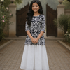 Girl's Black & White Traditional Printed Top with White Eyelet Flared Skirt Set