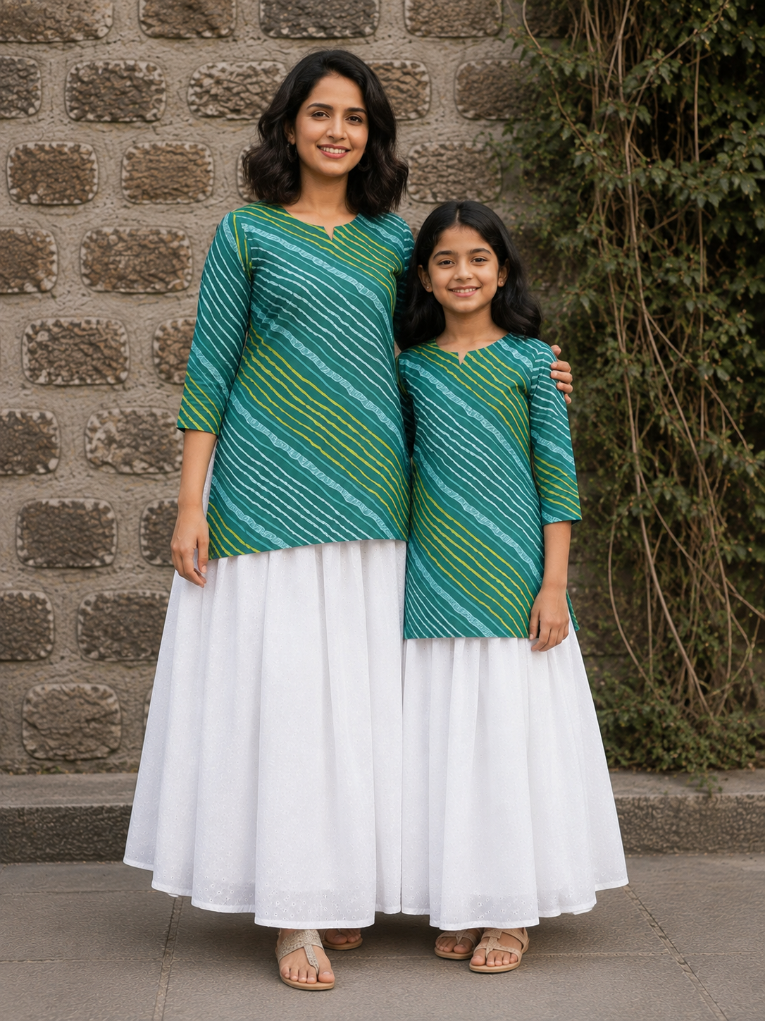 Mom & Daughter Teal Green Printed Kurta with White Flared Skirt Set