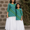 Mom & Daughter Teal Green Printed Kurta with White Flared Skirt Set