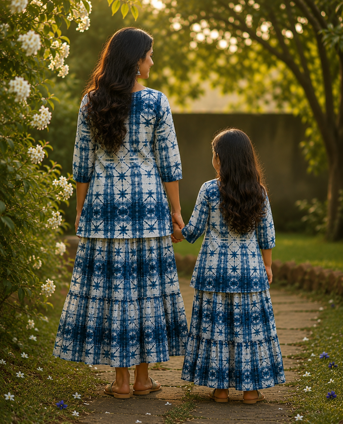 Mom & Daughter Blue & White Printed Kurta & Tiered Skirt Matching Co-ord Set