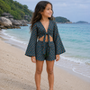Girl’s Teal Blue Floral Printed Cotton Beach Wear Set with Bell Sleeve Tie-Up Top & Tassel Shorts