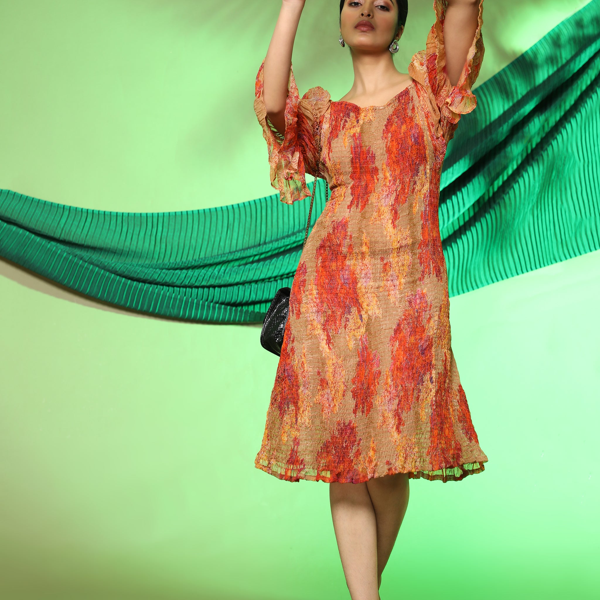 Aawari Women Chiffon Nasturcian Flower Printed A-Line Midi Dress