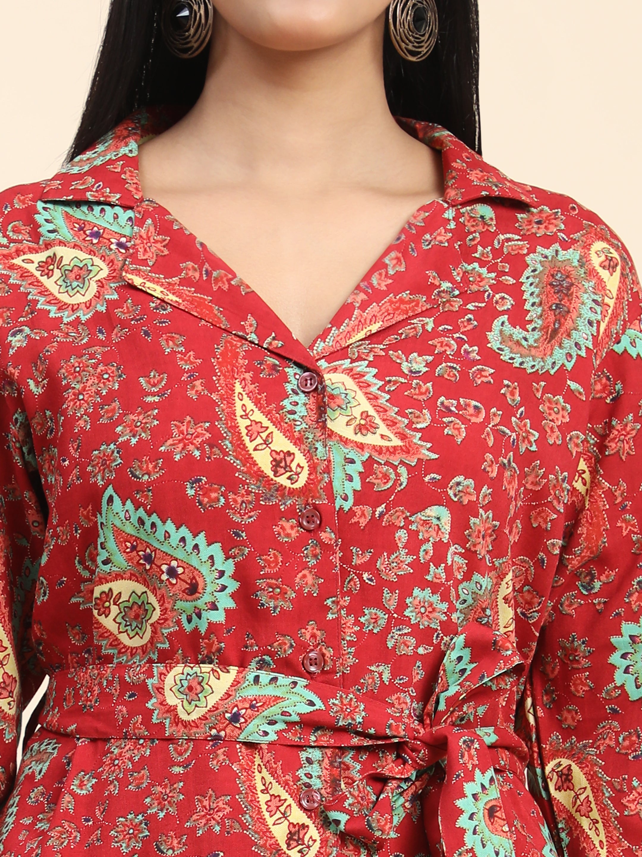 Aawari Women Rayon Poppy Red Printed Co-Ord Set