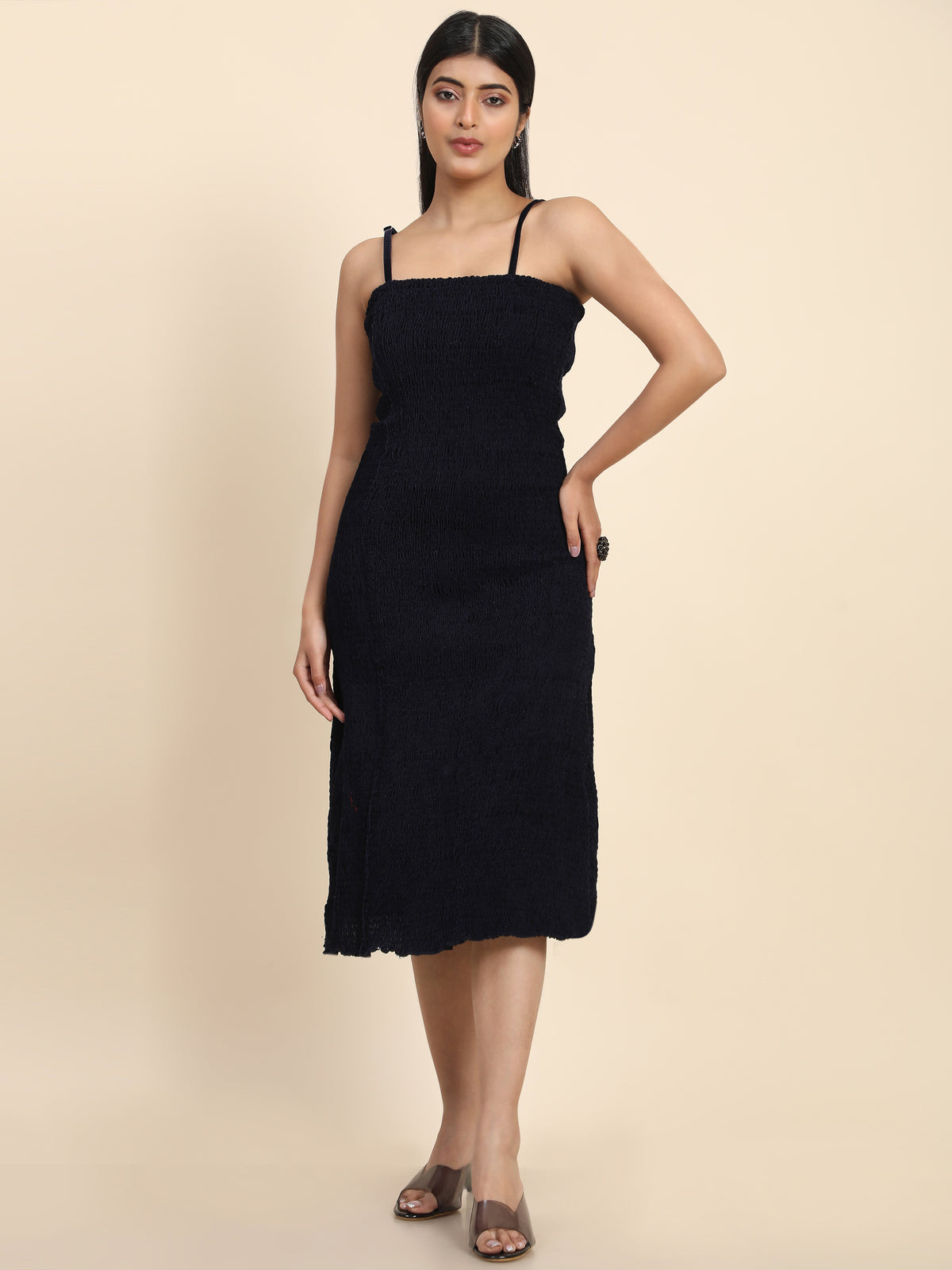 Aawari Women’s Velvet Solid Black Adjustable Spaghetti Straps Square Bodycon Dress