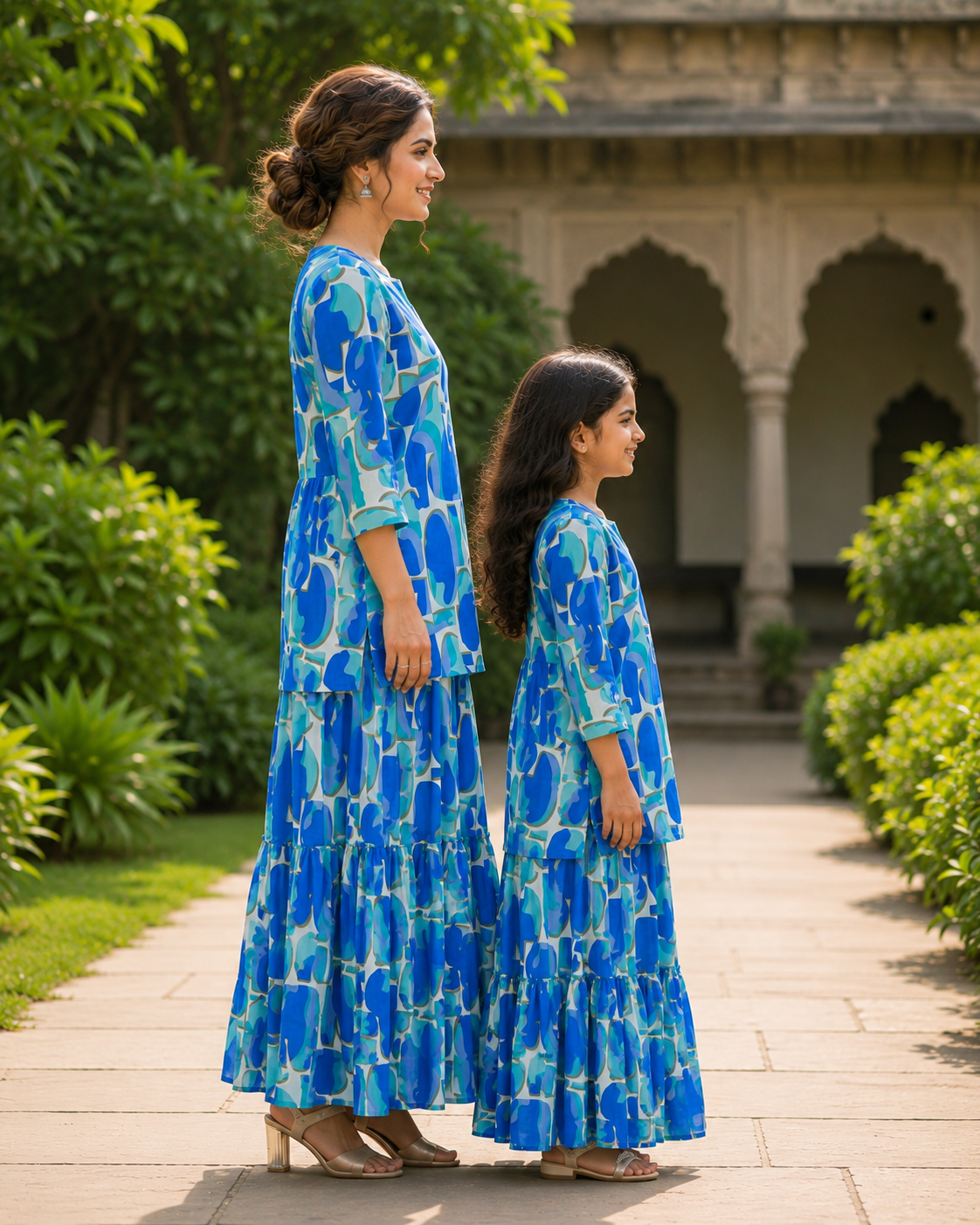 Mom & Daughter Blue Abstract Printed Kurta & Tiered Skirt Matching Co-ord Set