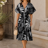 Women’s Black Tropical Leaf Printed Smocked Waist Midi Dress
