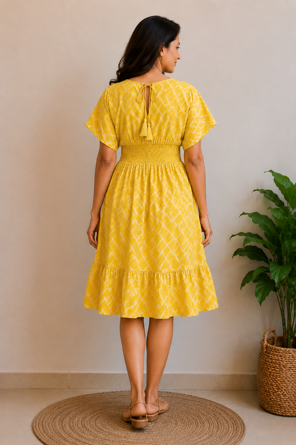 Women Yellow Abstract Printed Smocked Waist Flared Midi Dress