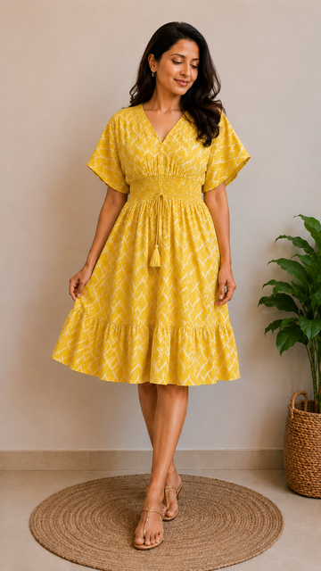 Women Yellow Abstract Printed Smocked Waist Flared Midi Dress