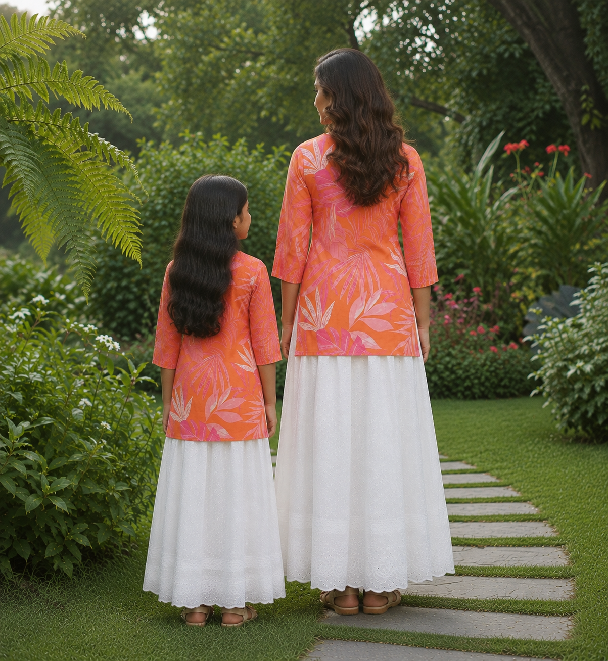 Mom & Daughter Coral Orange Floral Printed Kurta & White Skirt Matching Co-ord Set
