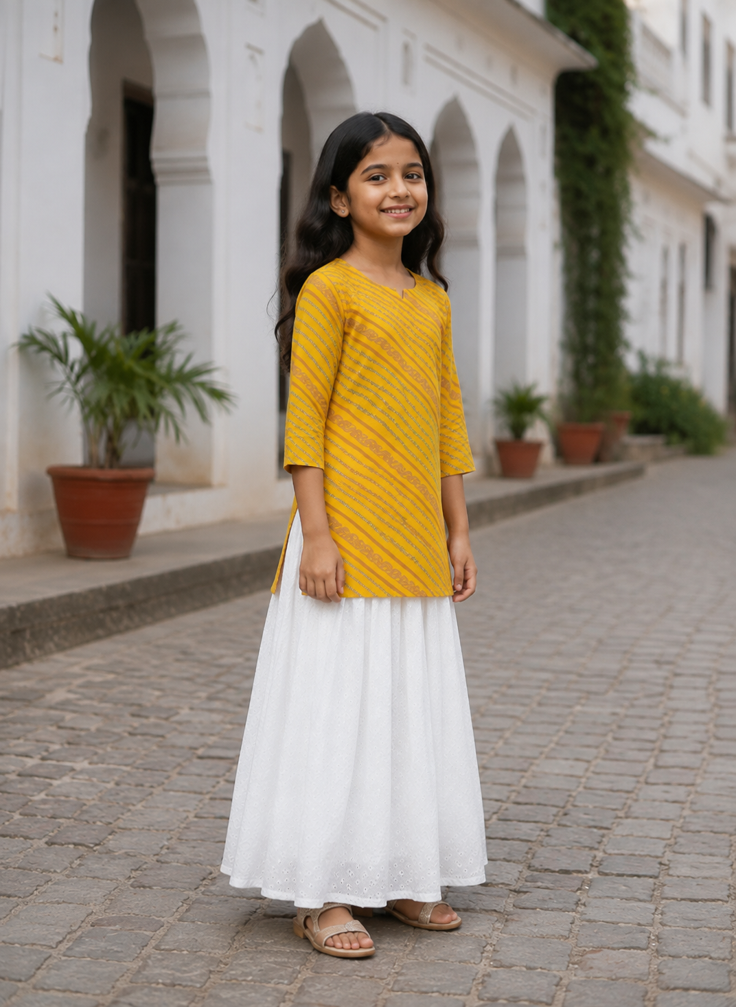 Girl's Mustard Yellow Printed Kurta with White Flared Skirt Ethnic Set