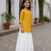 Girl's Mustard Yellow Printed Kurta with White Flared Skirt Ethnic Set