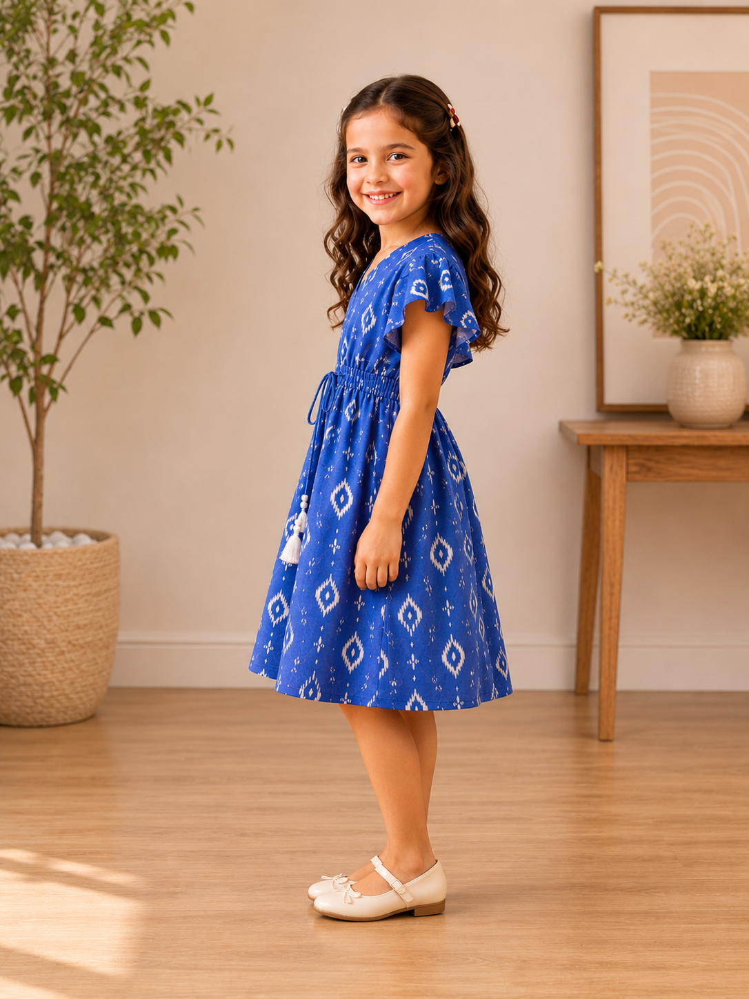 Baby Girls Cotton Blue Ikat Printed Smocked Waist Ruffle Hem Dress