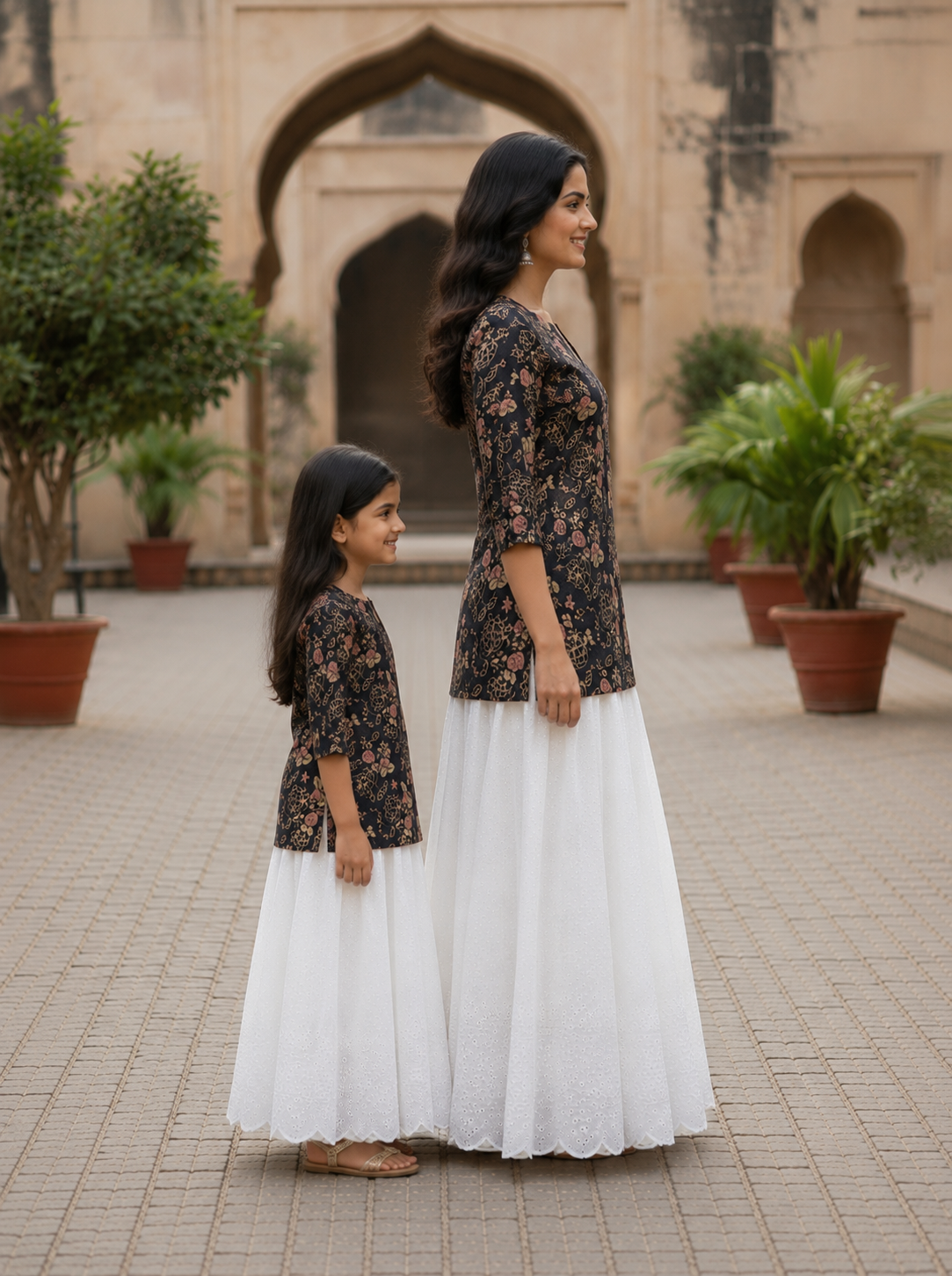 Mom & Daughter Black Floral Printed Kurta & White Skirt Matching Co-ord Set