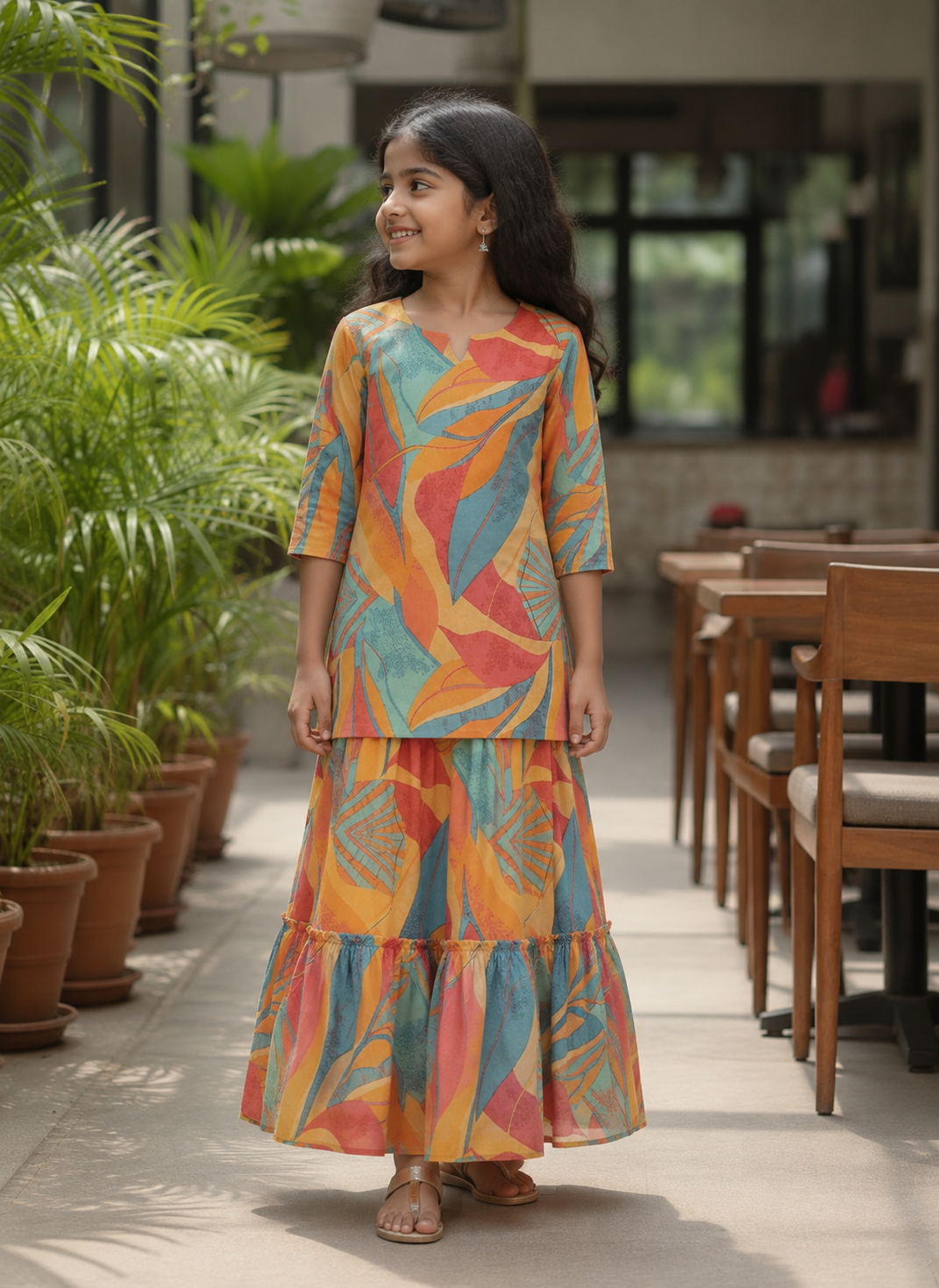 Girl's Multicolor Abstract Printed Kurta with Matching Tiered Flared Skirt Set
