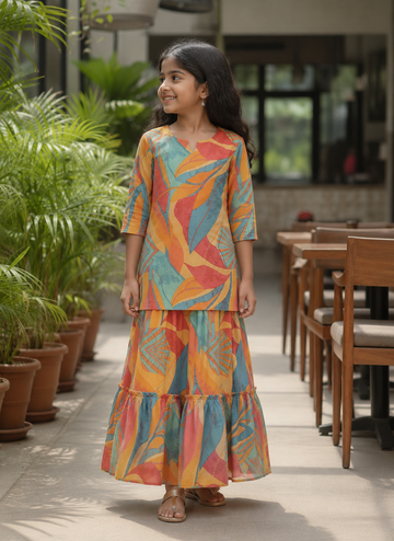 Girl's Multicolor Abstract Printed Kurta with Matching Tiered Flared Skirt Set
