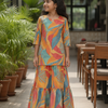 Girl's Multicolor Abstract Printed Kurta with Matching Tiered Flared Skirt Set