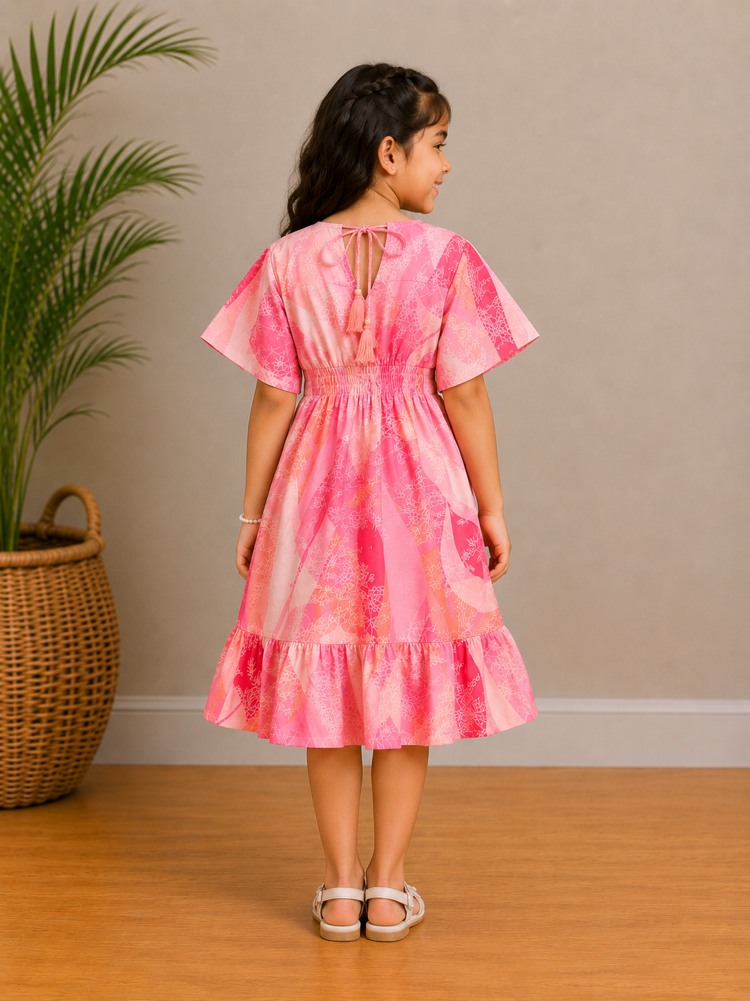 Baby Girls Pink Abstract Printed Tassel Tie-Up Smocked Waist Flared Midi Dress