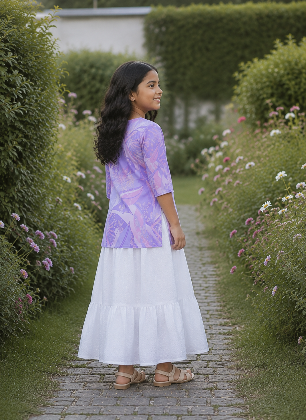 Girl's Lavender Printed Kurta with White Tiered Skirt Ethnic Set
