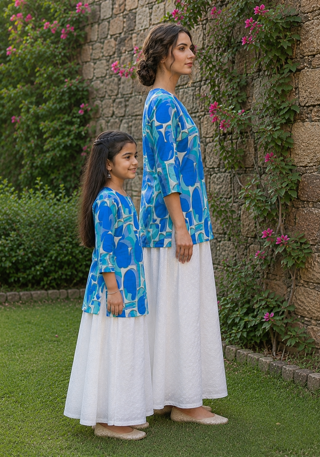 Mom & Daughter Blue Printed Kurta with White Skirt Matching Co-ord Set