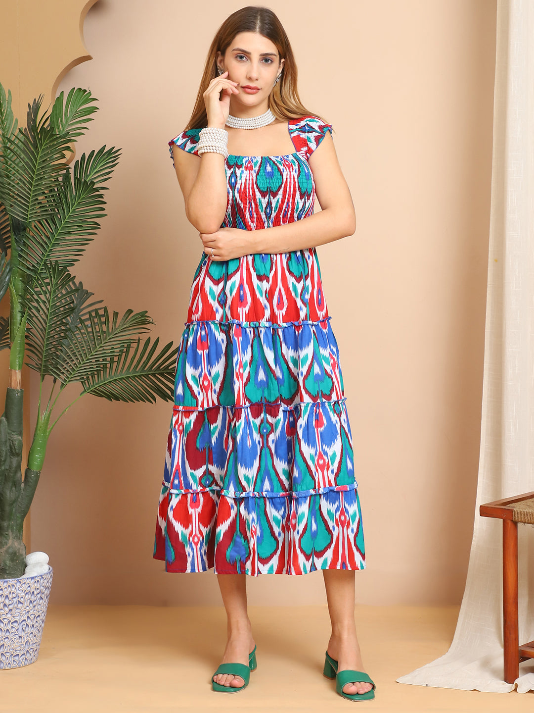 Aawari Boho Cotton Tiered Maxi Dresses For Women - Multicolor Tribal Print