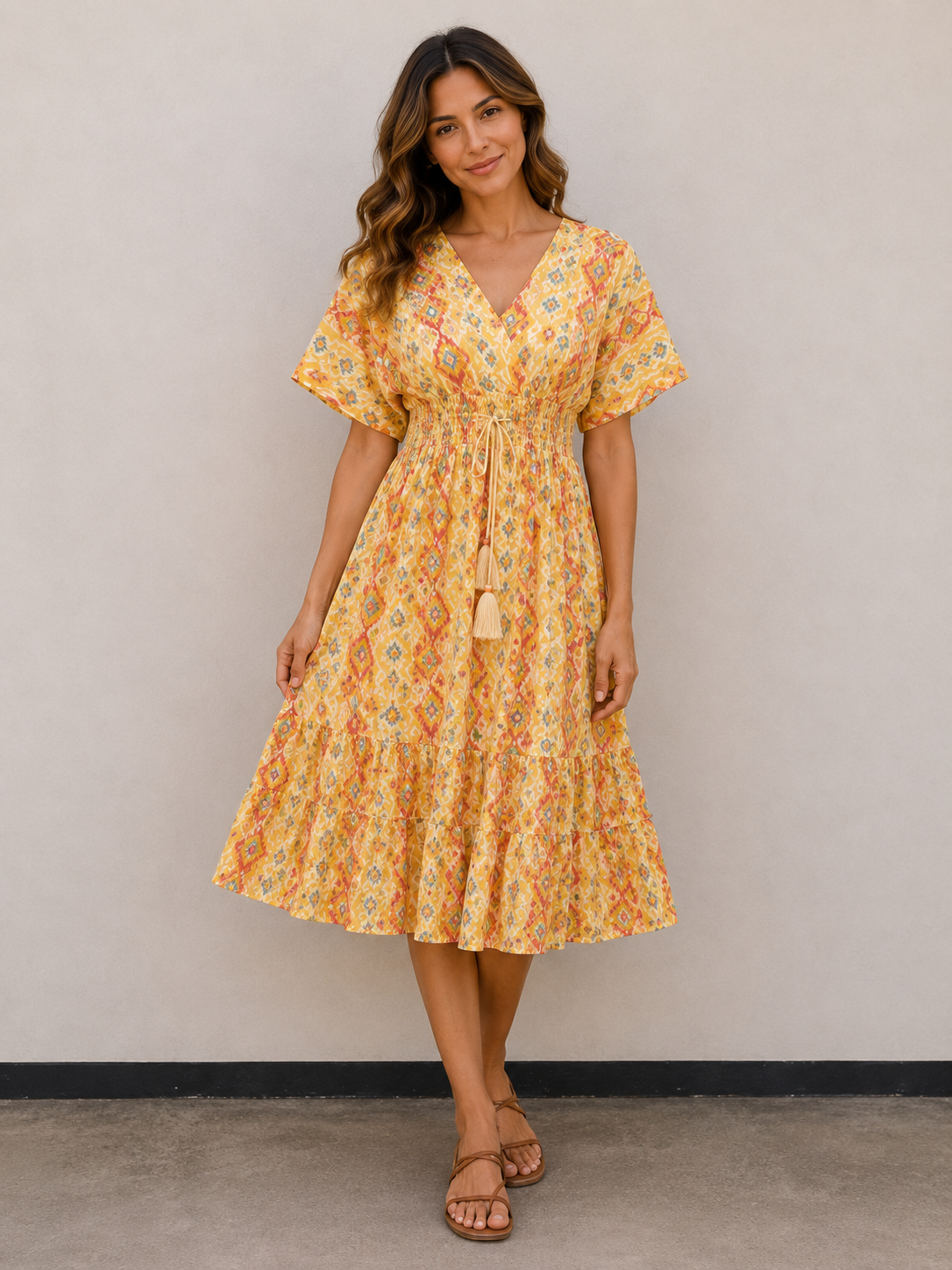 Women’s Yellow Floral Printed Smocked Waist Tiered Flared Midi Dress