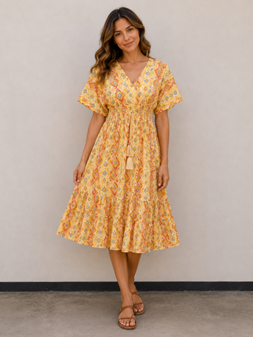 Women’s Yellow Floral Printed Smocked Waist Tiered Flared Midi Dress