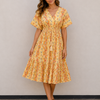 Women’s Yellow Floral Printed Smocked Waist Tiered Flared Midi Dress