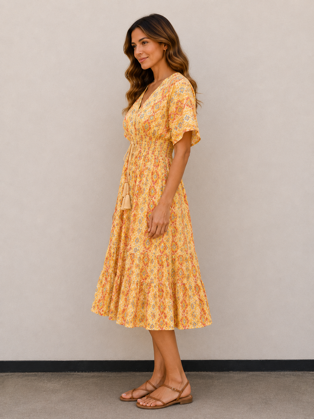 Women’s Yellow Floral Printed Smocked Waist Tiered Flared Midi Dress