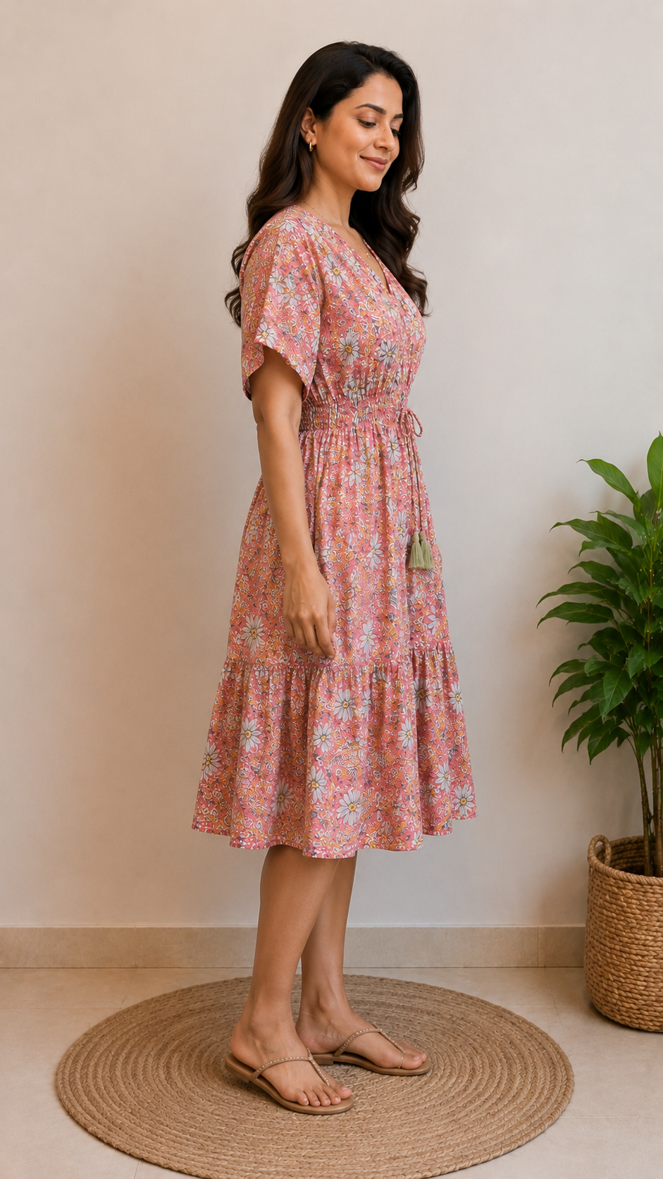 Women Pink Floral Printed Smocked Waist Flared Midi Dress