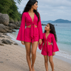 Mom & Daughter Pink Cotton Beach Wear Set with Bell Sleeve Tie-Up Top & Tassel Shorts