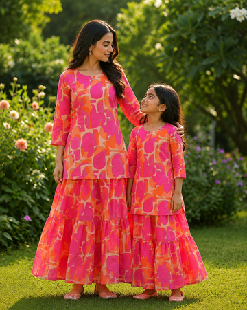 Mom & Daughter Pink & Orange Abstract Printed Kurta & Tiered Skirt Matching Co-ord Set