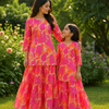 Mom & Daughter Pink & Orange Abstract Printed Kurta & Tiered Skirt Matching Co-ord Set