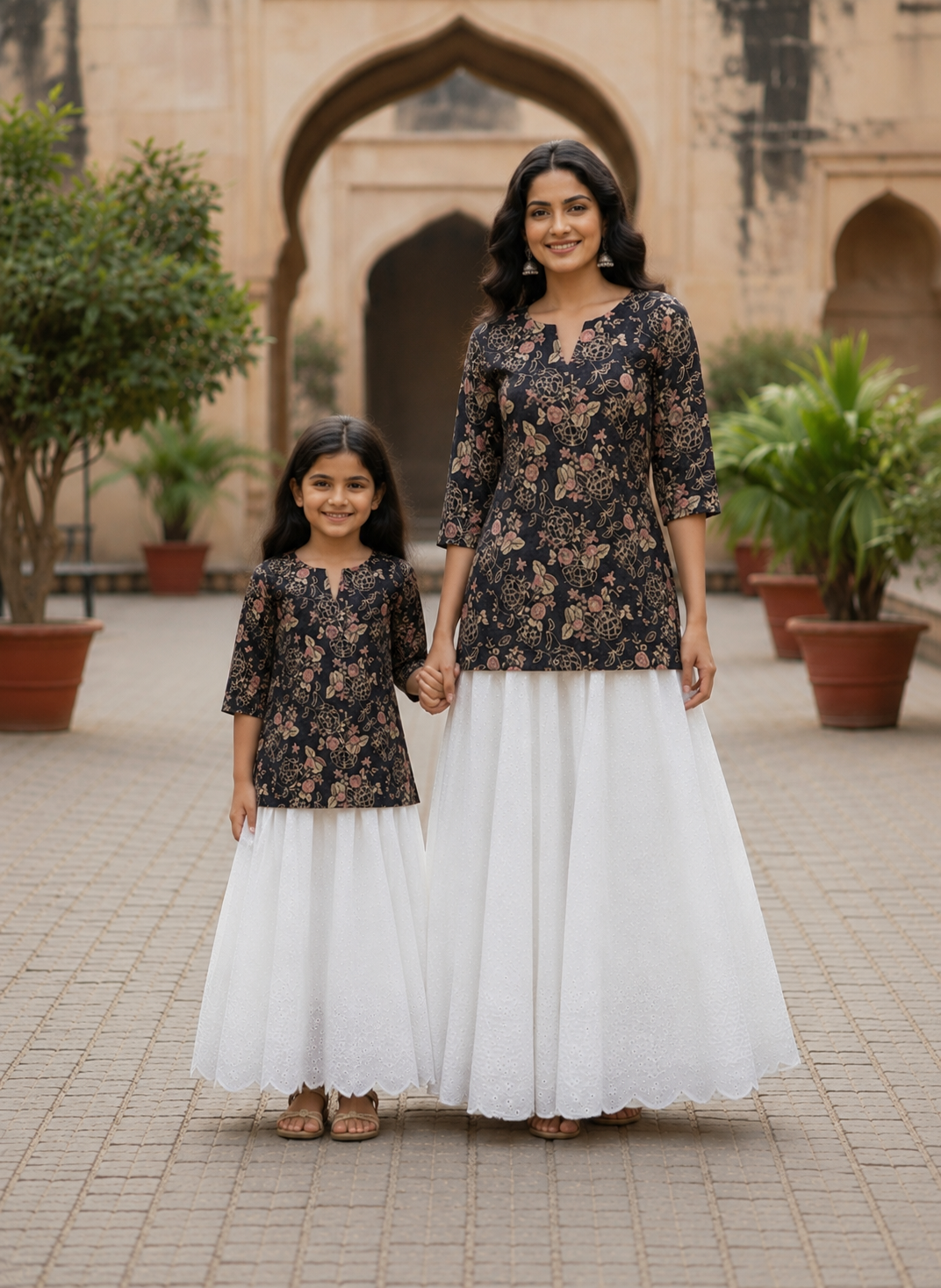 Mom & Daughter Black Floral Printed Kurta & White Skirt Matching Co-ord Set