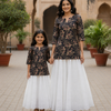 Mom & Daughter Black Floral Printed Kurta & White Skirt Matching Co-ord Set