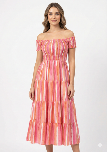 Women’s Pink Striped Cotton Off-Shoulder Tiered Maxi Dress