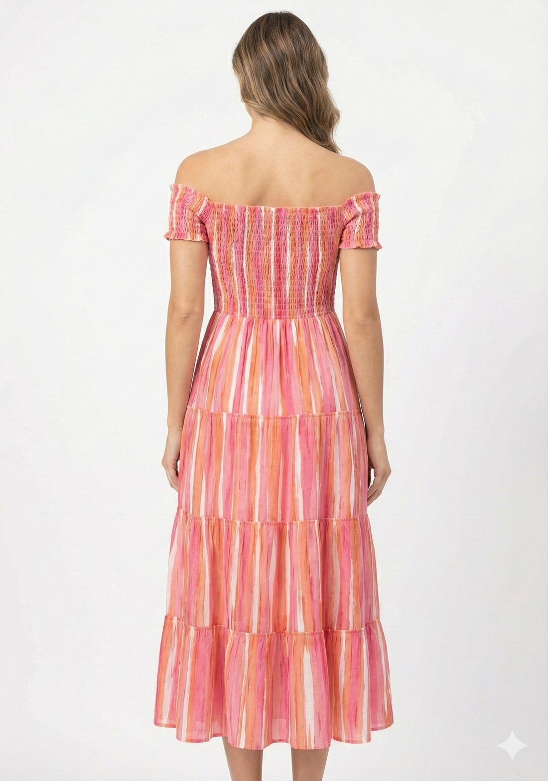 Women’s Pink Striped Cotton Off-Shoulder Tiered Maxi Dress