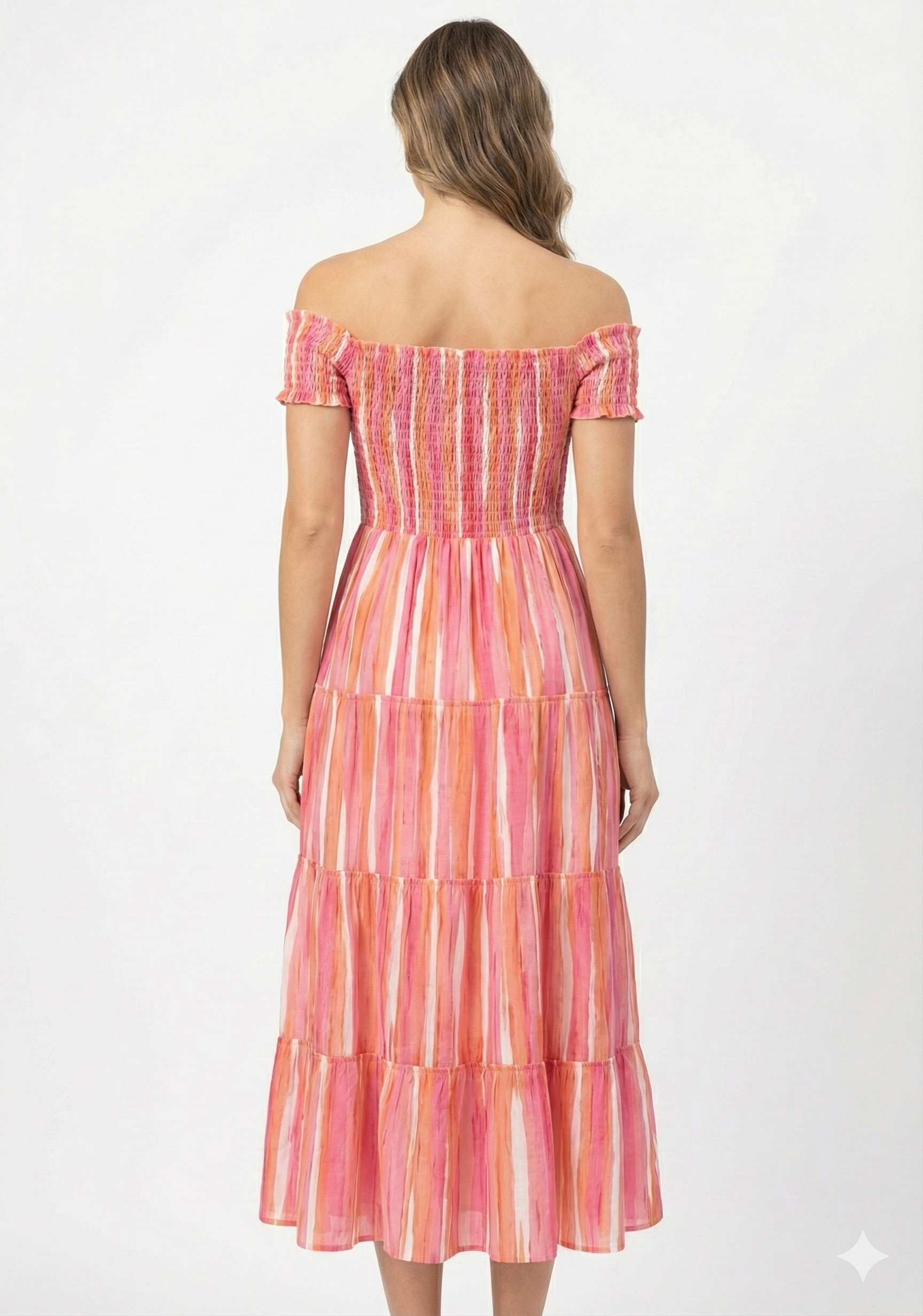Women’s Pink Striped Cotton Off-Shoulder Tiered Maxi Dress