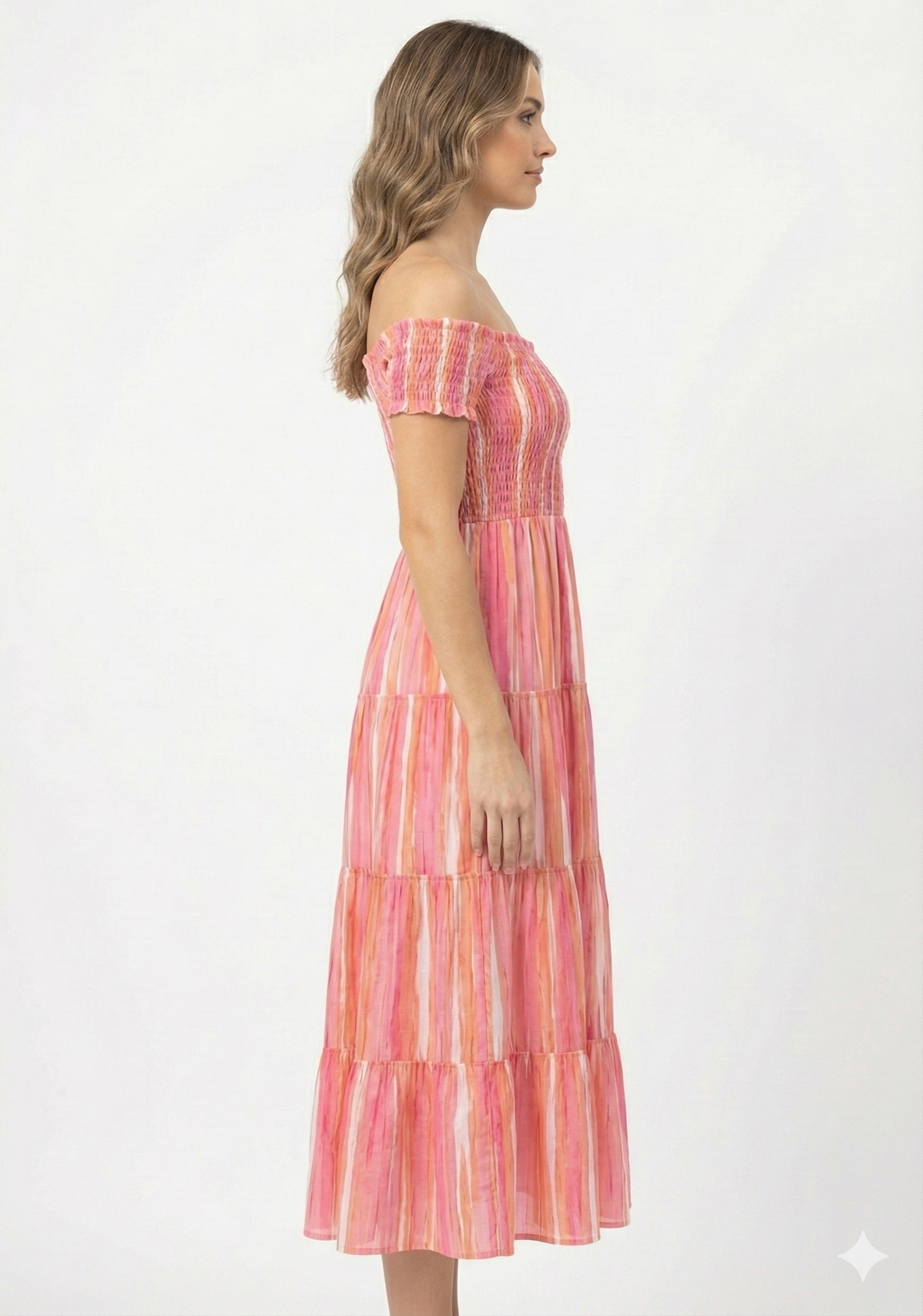 Women’s Pink Striped Cotton Off-Shoulder Tiered Maxi Dress
