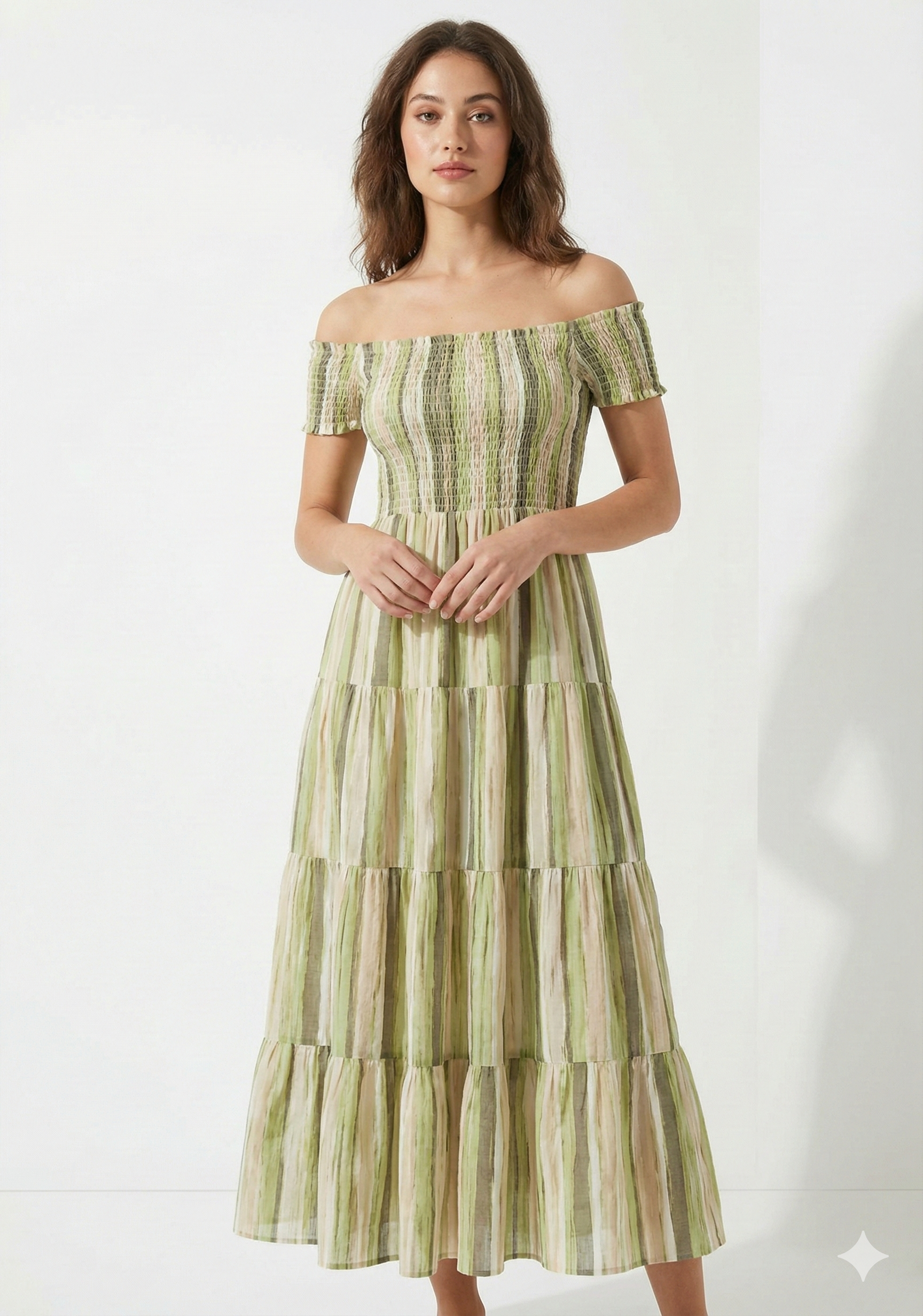 Women’s Green Striped Cotton Off-Shoulder Tiered Maxi Dress