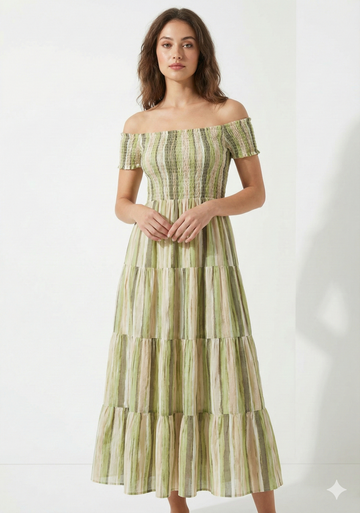 Women’s Green Striped Cotton Off-Shoulder Tiered Maxi Dress