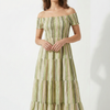 Women’s Green Striped Cotton Off-Shoulder Tiered Maxi Dress