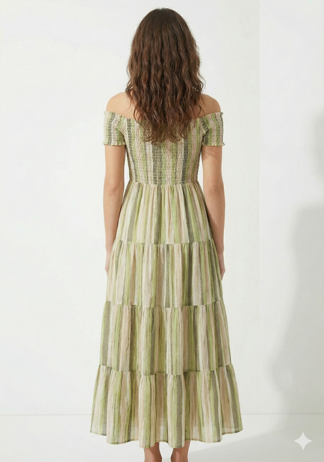 Women’s Green Striped Cotton Off-Shoulder Tiered Maxi Dress