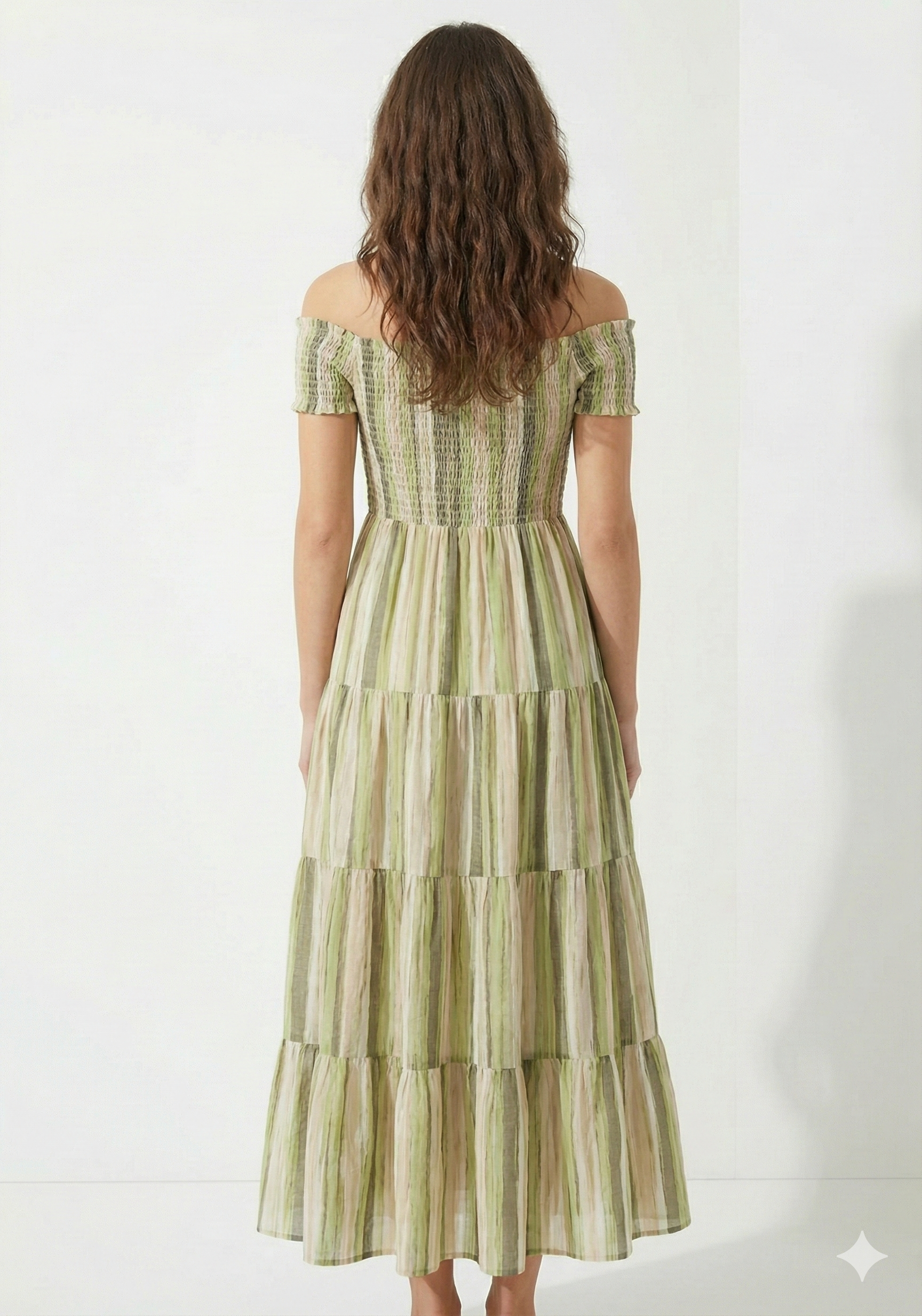 Women’s Green Striped Cotton Off-Shoulder Tiered Maxi Dress
