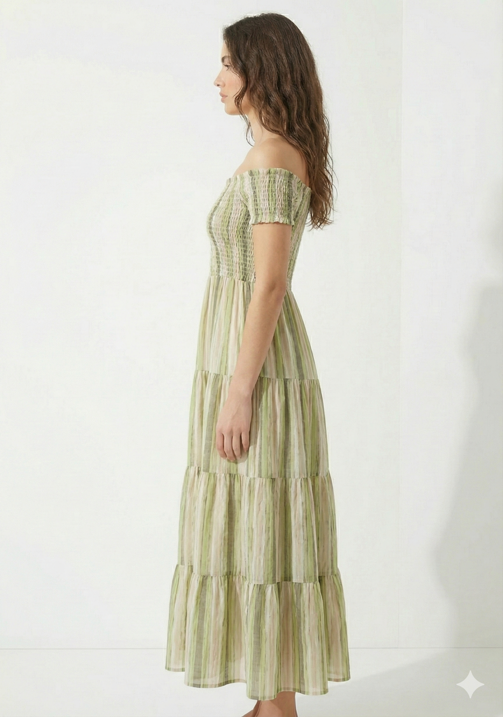 Women’s Green Striped Cotton Off-Shoulder Tiered Maxi Dress