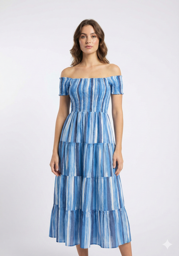 Women’s Blue Striped Cotton Off-Shoulder Tiered Maxi Dress