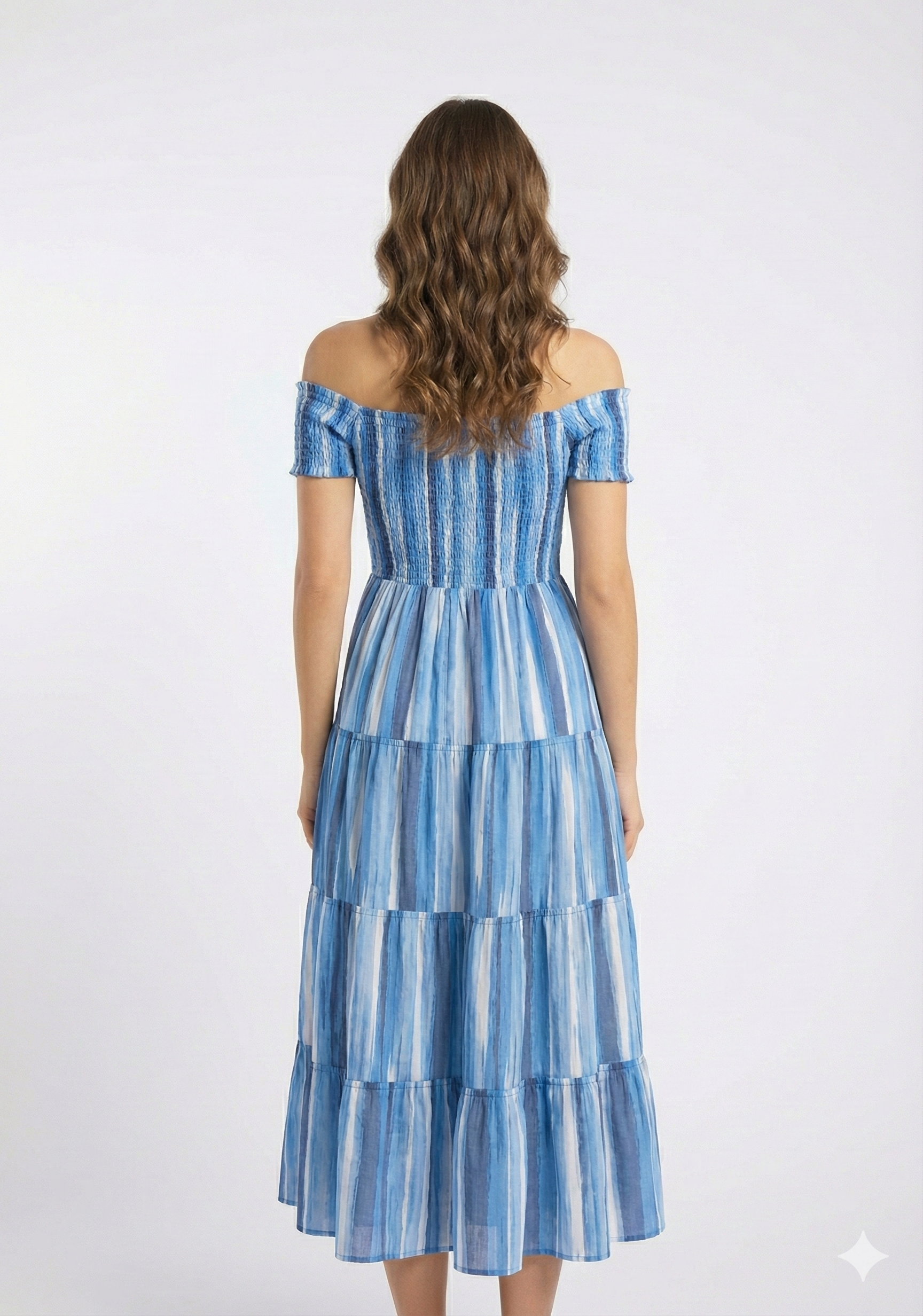Women’s Blue Striped Cotton Off-Shoulder Tiered Maxi Dress
