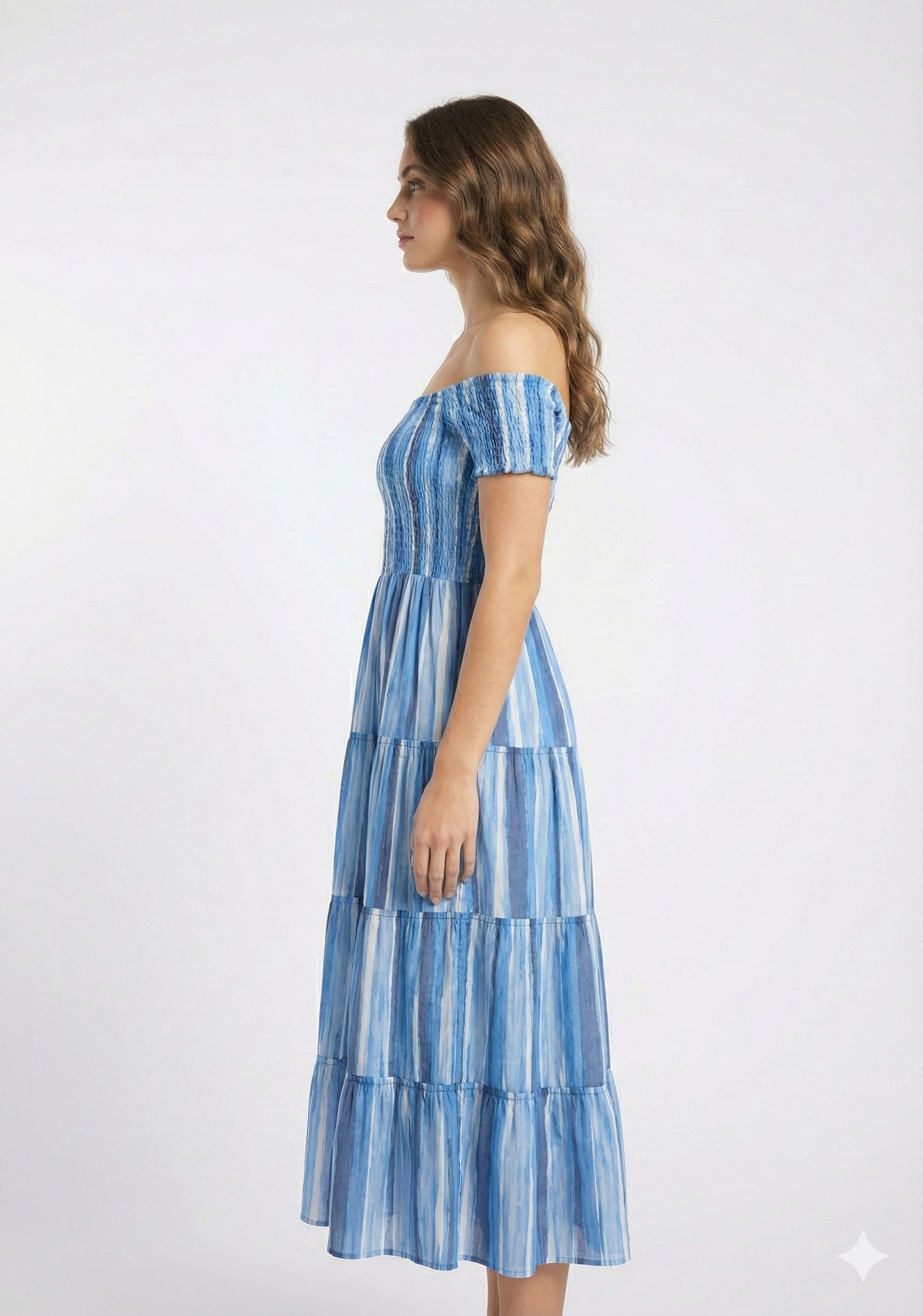 Women’s Blue Striped Cotton Off-Shoulder Tiered Maxi Dress